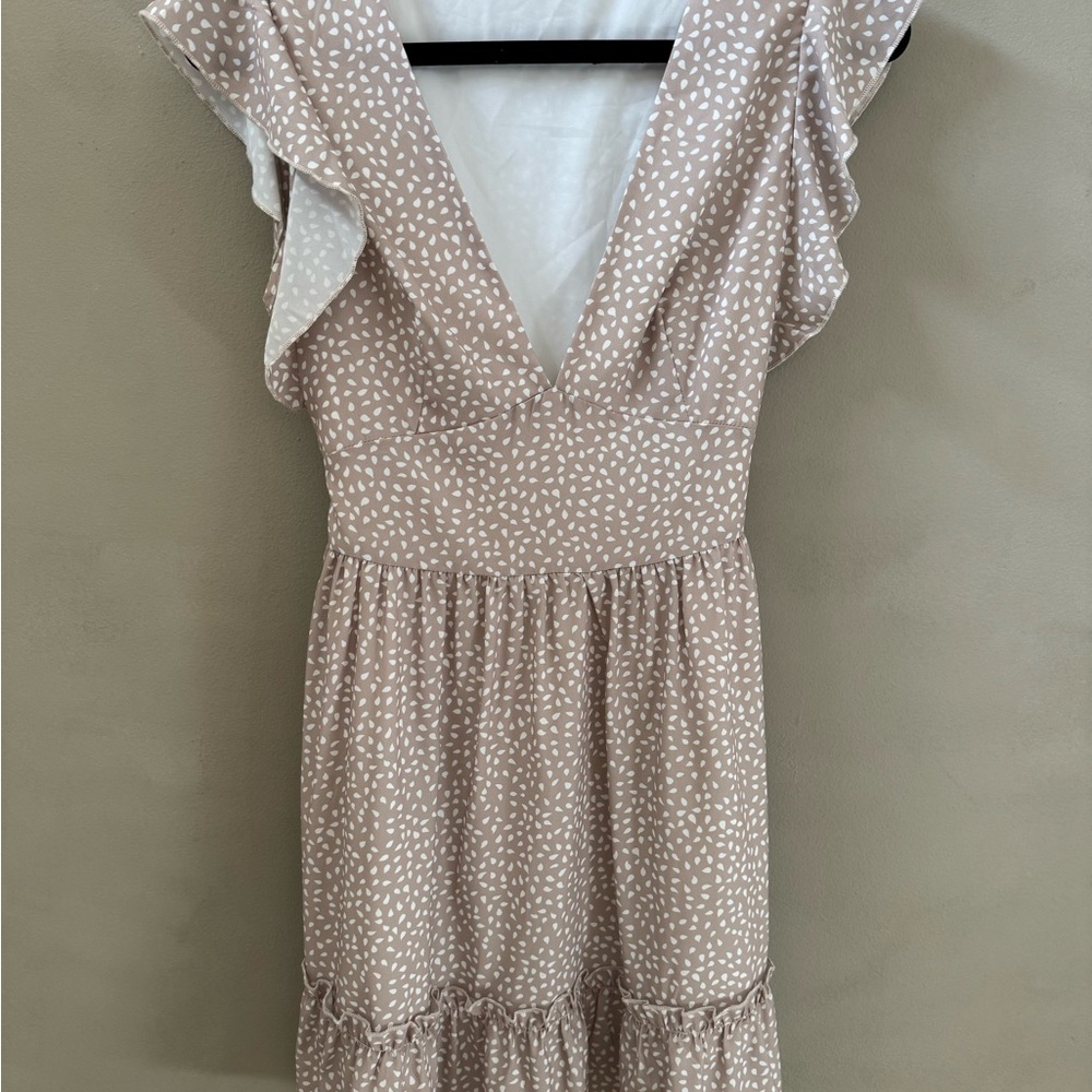 Beige Printed V-Neck Ruffle Midi Dress